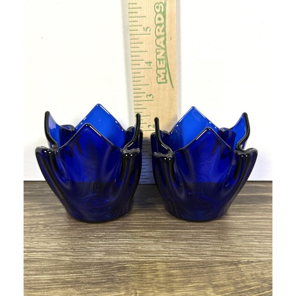 PartyLite Cobalt Blue Glass Votive Candle Holders Pair Tulip Flower Set of 2 - Picture 5 of 7